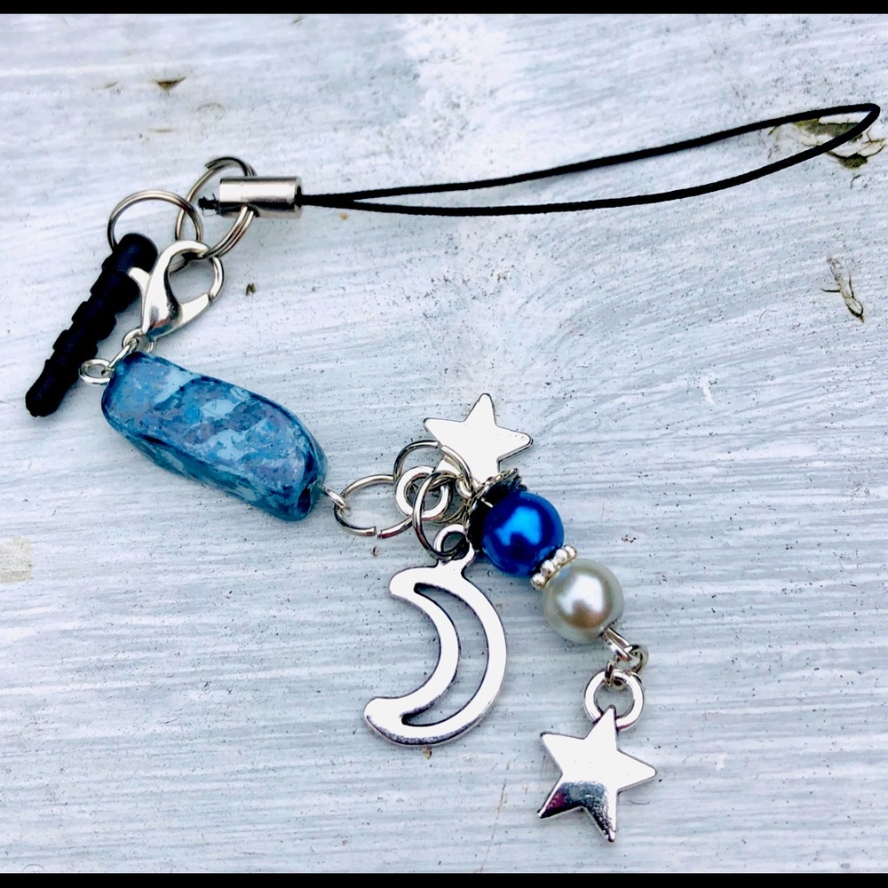 Moon Stars Cell Phone Charm Strap Silver Blue Plug